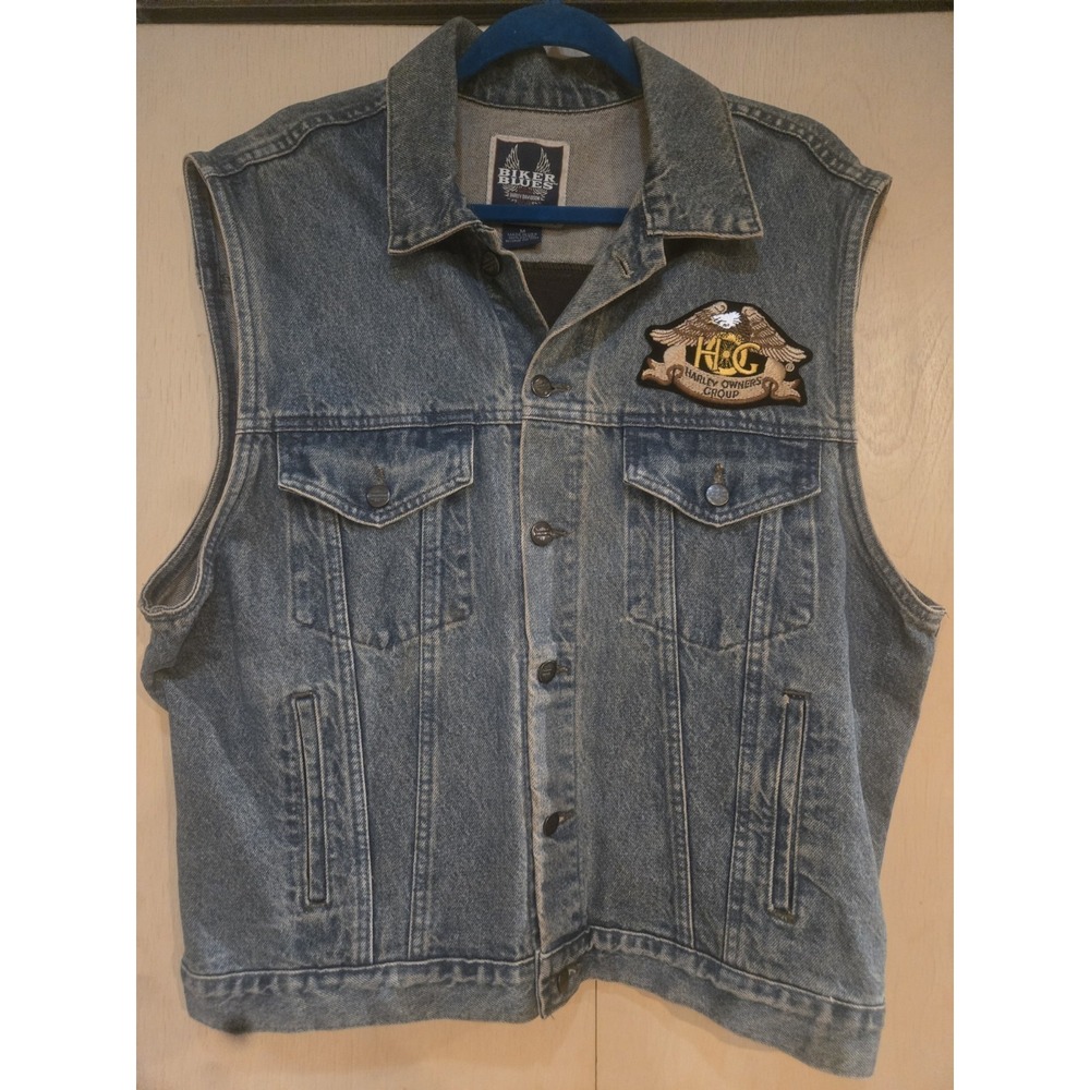 Vintage Harley Davidson Denim Vest With Leather Eagle Patch Size Large